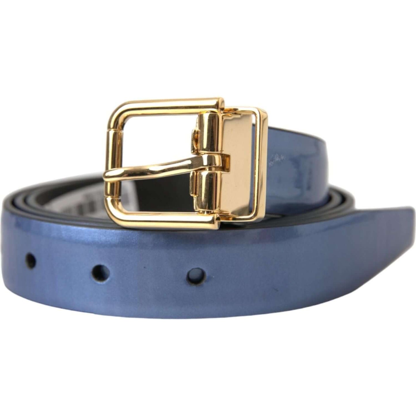 Dolce & Gabbana metallic blue leather belt with gold metal buckle, 2.5 cm wide, made in Italy, high-quality calfskin material.