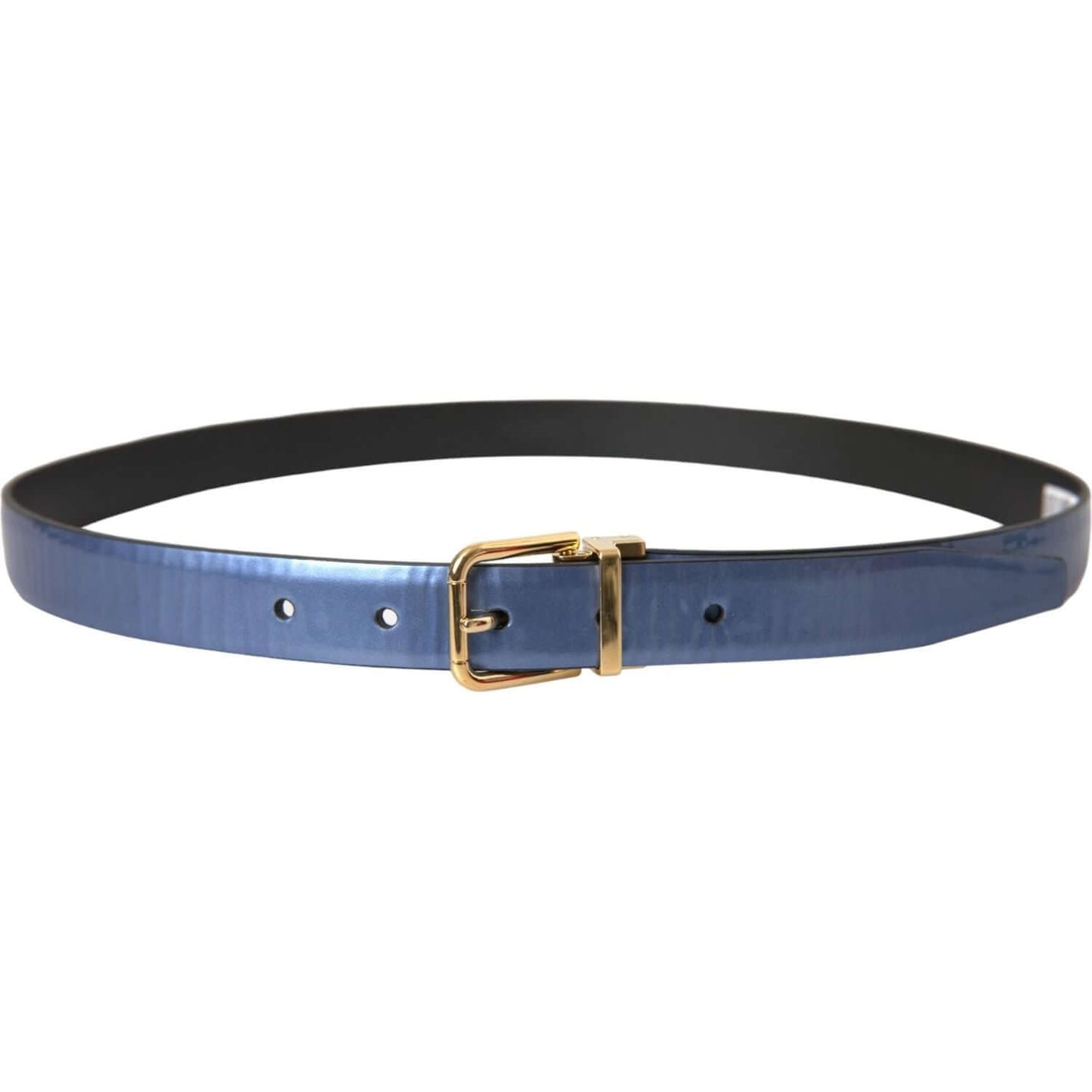 Dolce & Gabbana metallic blue leather belt with gold metal buckle, 2.5 cm wide, made in Italy, luxury fashion accessory.