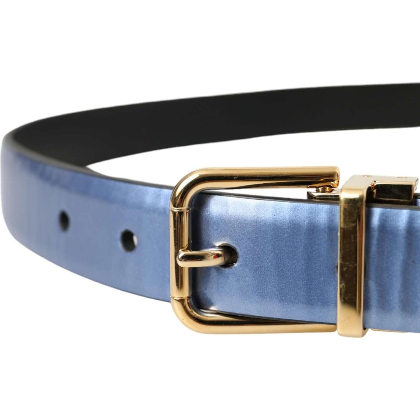 Dolce & Gabbana metallic blue leather belt with gold metal buckle, 2.5 cm width, made in Italy, luxury fashion accessory.