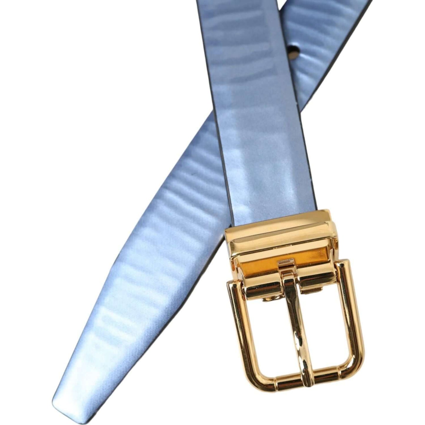 Dolce & Gabbana metallic blue leather belt with gold buckle, 100% calfskin, logo detail, made in Italy, 2.5 cm width.