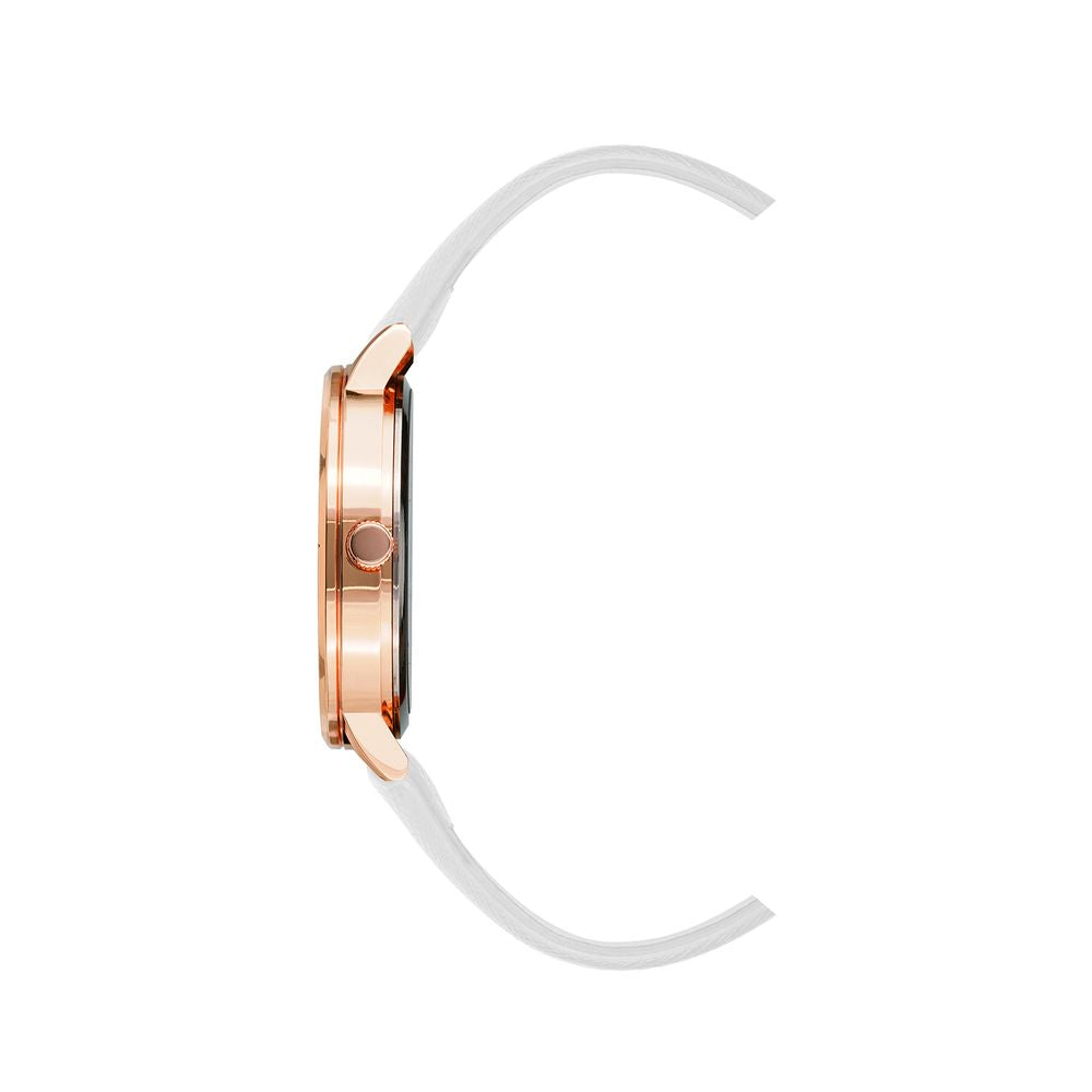 Side view of Juicy Couture Rose Gold Women's Watch with white leatherette strap and rose gold metal case.