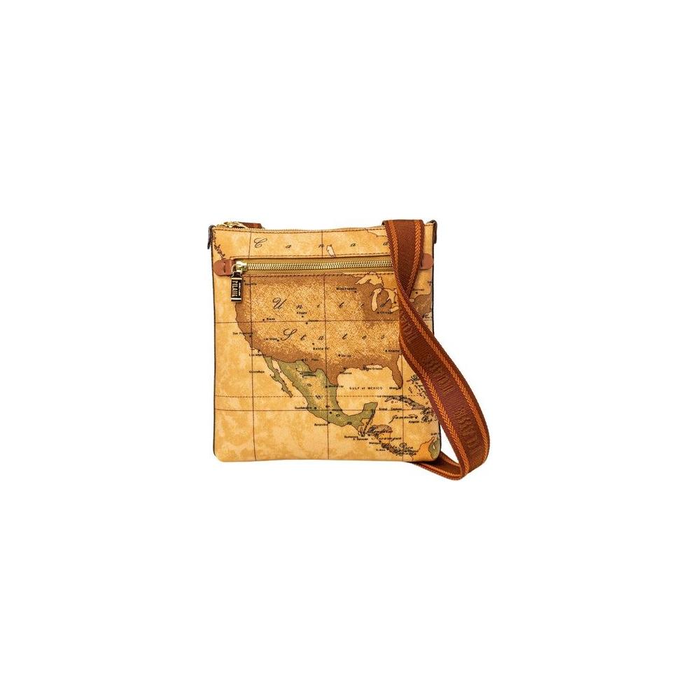 Alviero Martini Prima Classe beige leather men's bag, autumn/winter collection, featuring a world map design and adjustable strap.