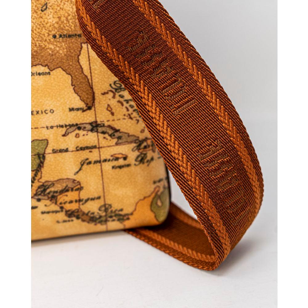 Close-up of Alviero Martini Prima Classe beige leather bag with geographic print and brown strap, autumn/winter collection.