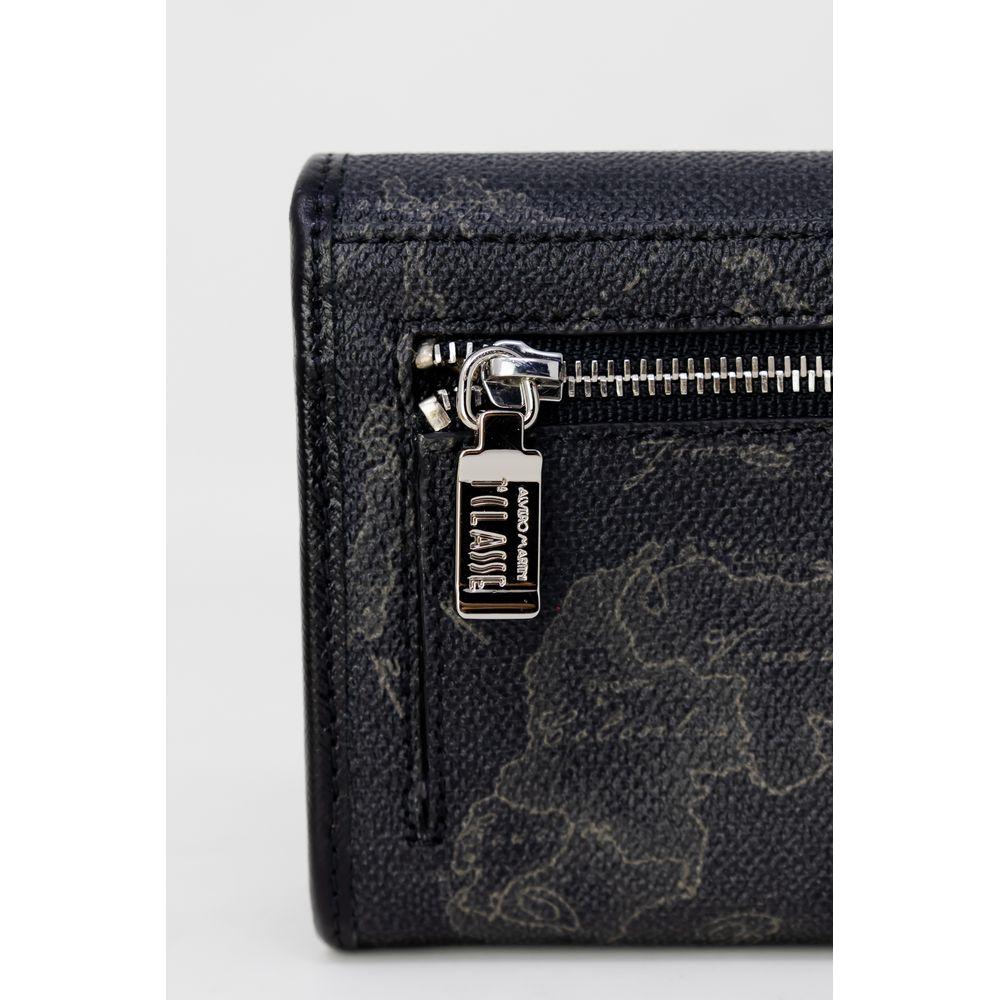 Close-up of Alviero Martini Prima Classe black leather wallet with metal zipper and textured design. Ideal for autumn/winter collection.