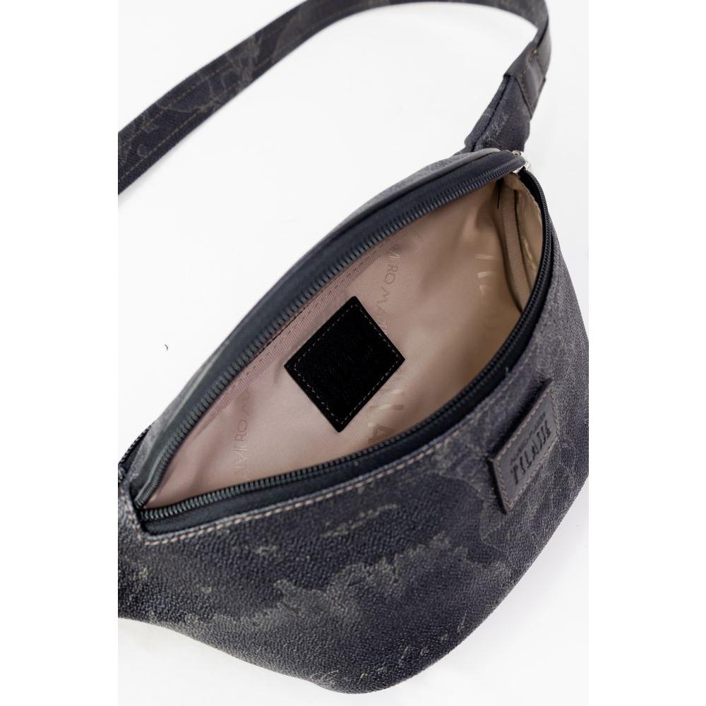 Alviero Martini Prima Classe black fanny pack, fall/winter collection, open view showing polyester and leather material with spacious interior.