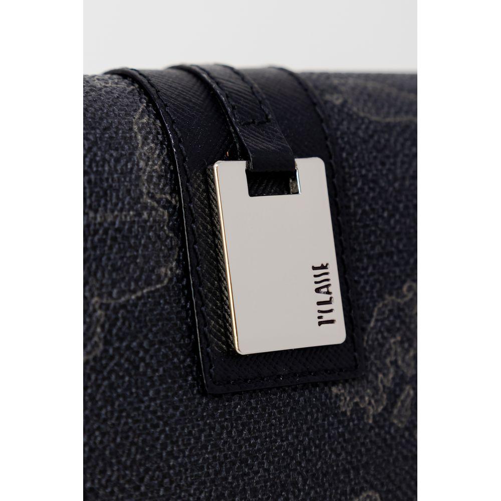 Close-up of Alviero Martini Prima Classe black leather wallet with metal logo detail from the Autumn/Winter collection.