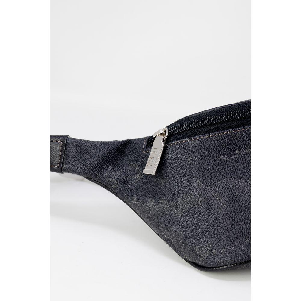 Close-up of Alviero Martini Prima Classe black polyester fanny pack, featuring durable zip, designed for men's Fall/Winter collection.