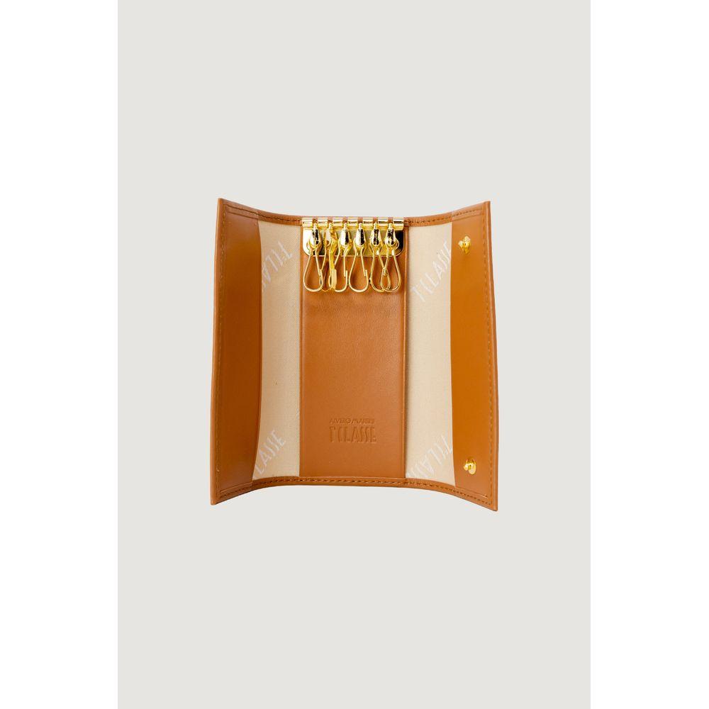 Open view of Alviero Martini Prima Classe beige polyester keychain featuring gold-tone hooks, part of the women's spring/summer collection.
