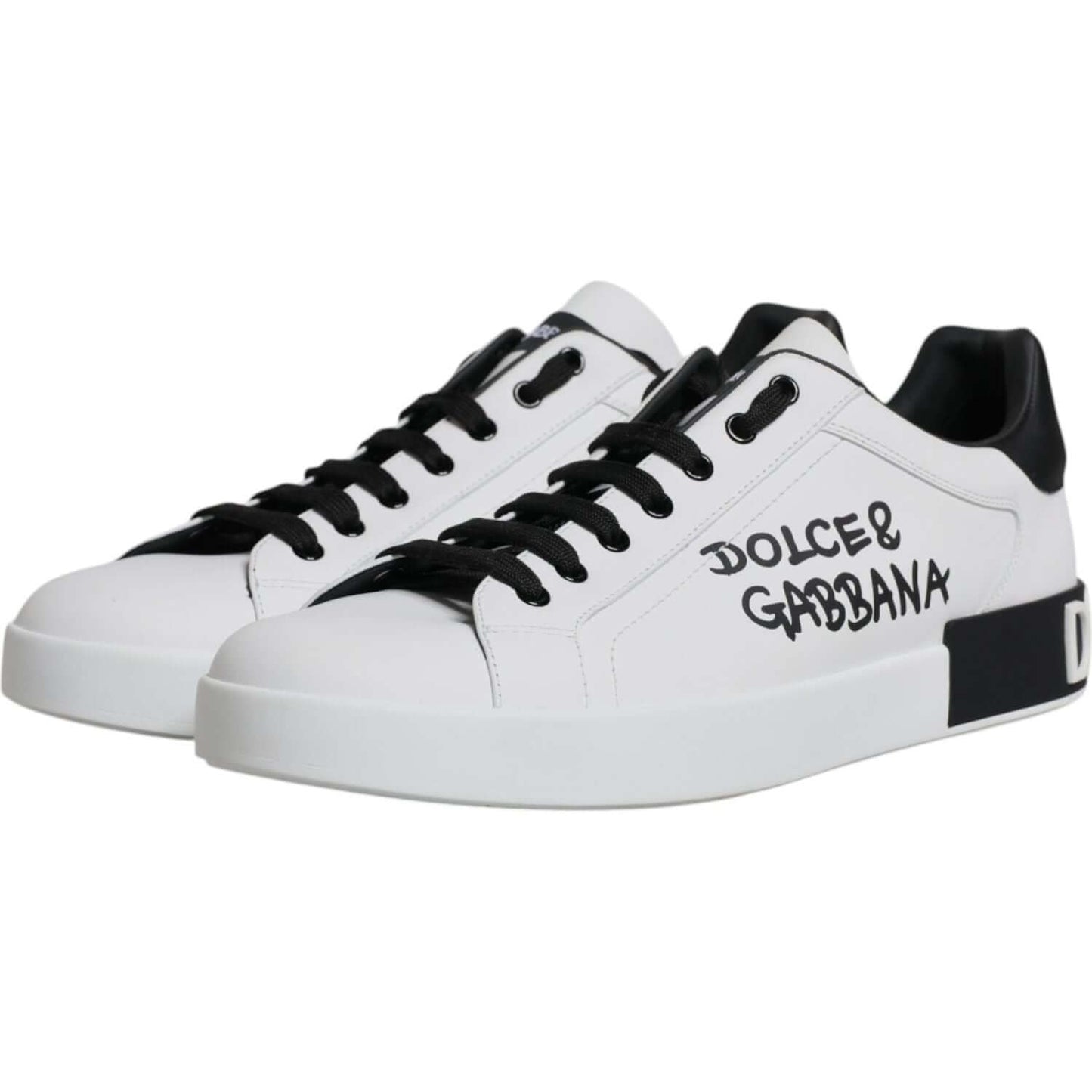 Dolce & Gabbana Portofino white leather sneakers with black logo, lace-up closure, and rubber sole, showcasing luxury Italian craftsmanship.