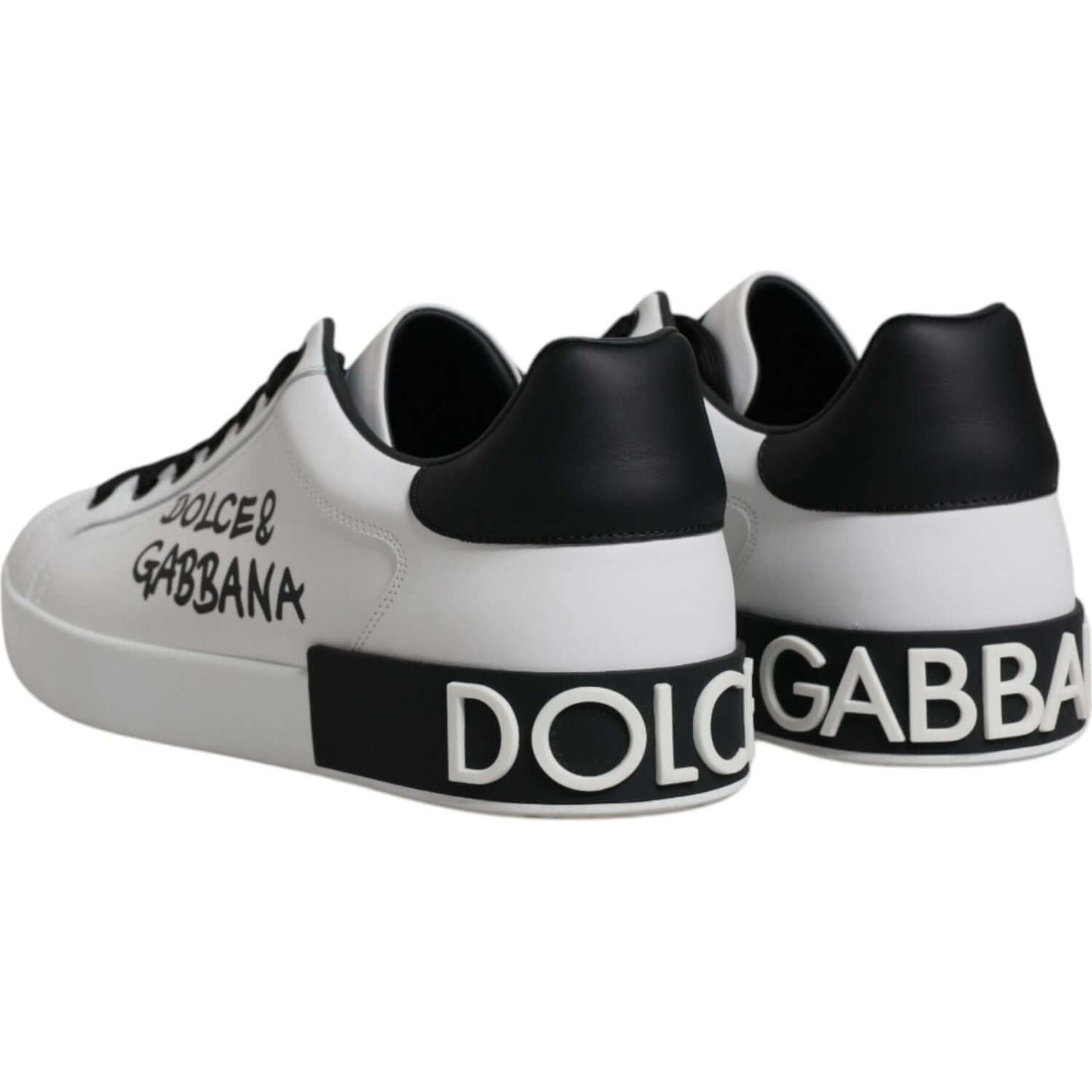 Dolce & Gabbana white leather Portofino sneakers with logo details, black and white design, rubber sole, made in Italy, shown from the back.