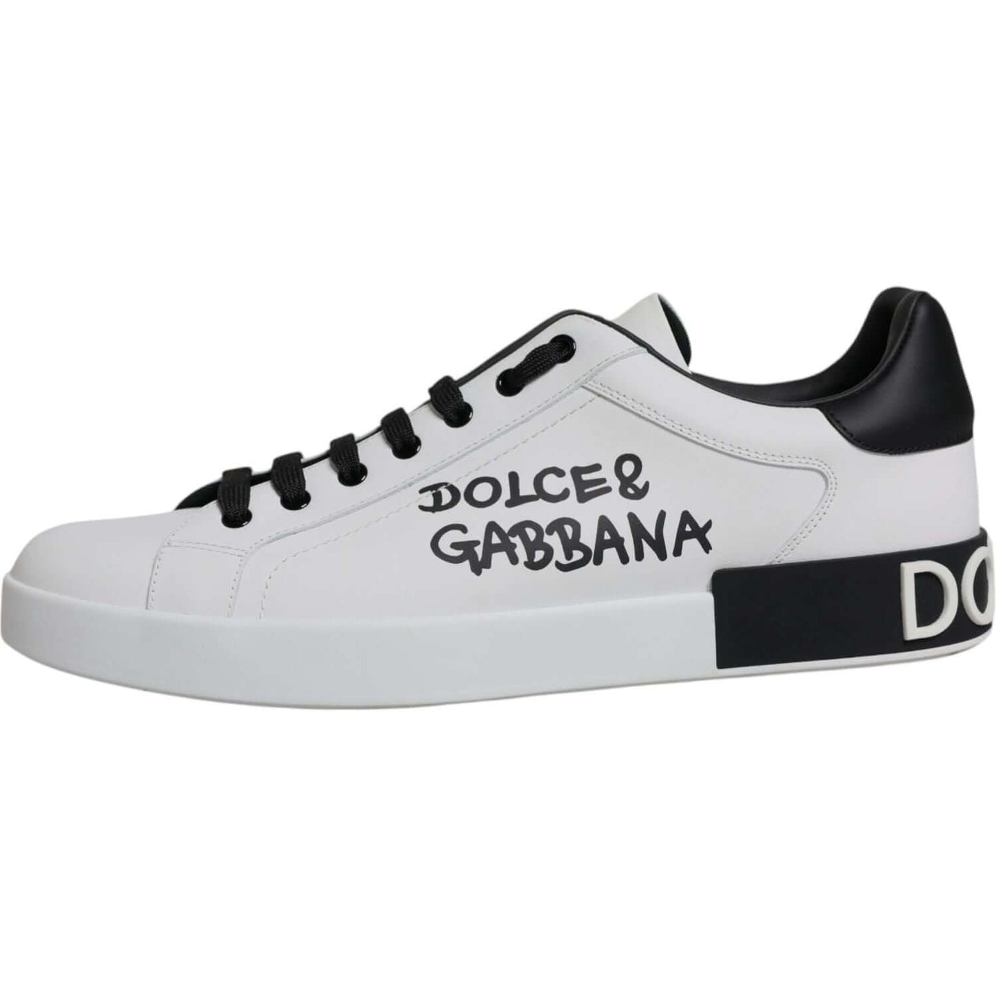 Dolce & Gabbana Portofino sneakers in white calf leather with logo details, black rubber sole, and lace-up closure.