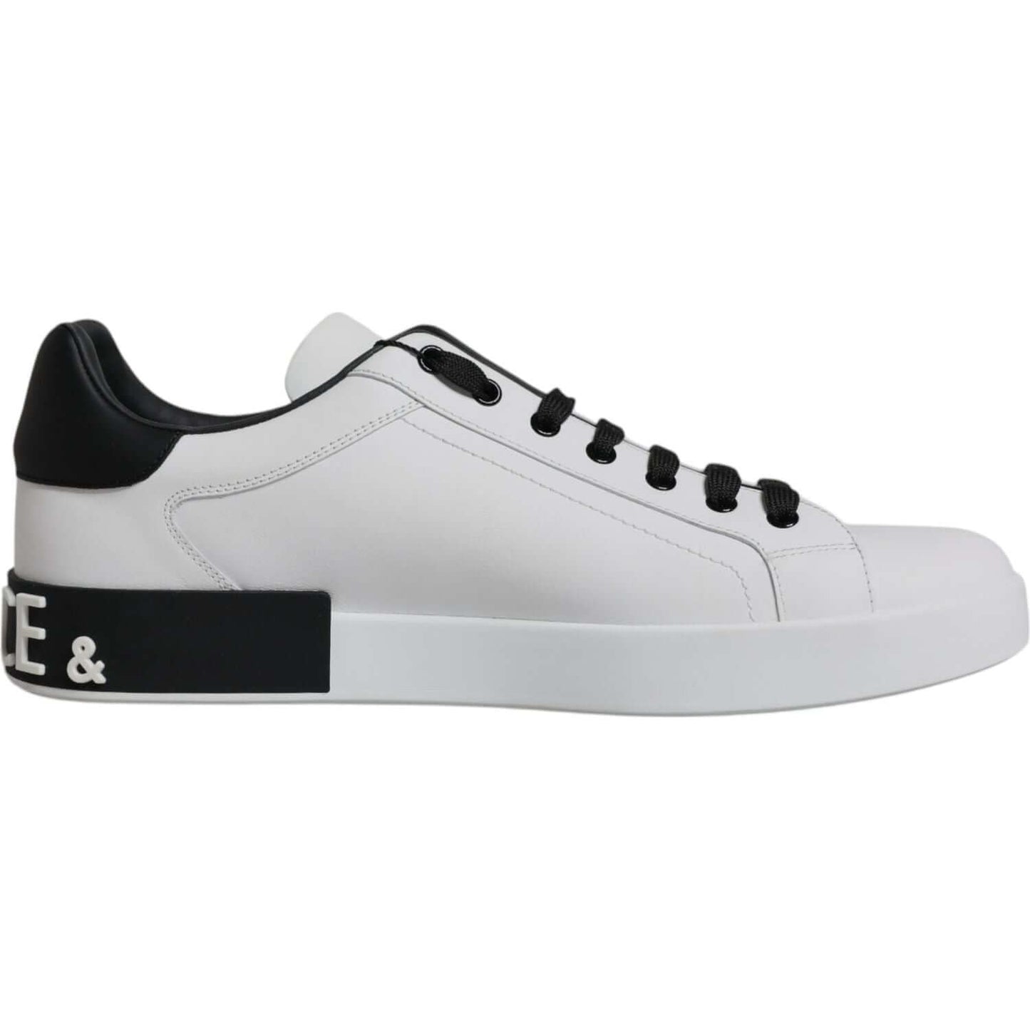 Dolce & Gabbana White Leather Portofino Sneakers with Logo Detail, Lace-Up Closure, Black and White, Made in Italy, Exclusive Design.