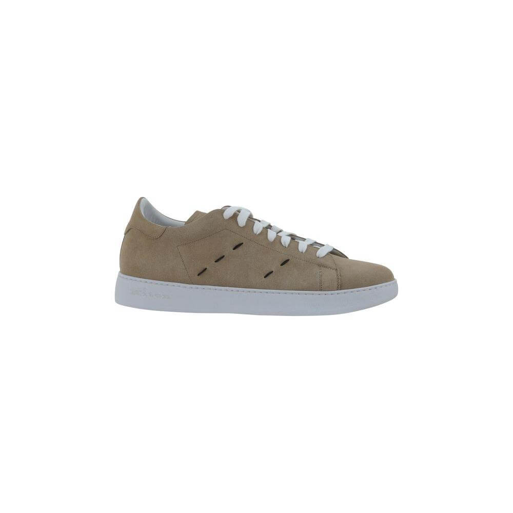 Kiton suede leather sneakers with side panel details, round toe, and flat sole, featuring a front lace-up closure.