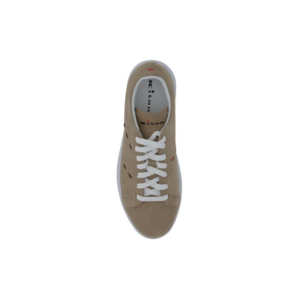 Top view of Kiton leather sneakers with suede upper, white lace-up, round toe, and flat sole.