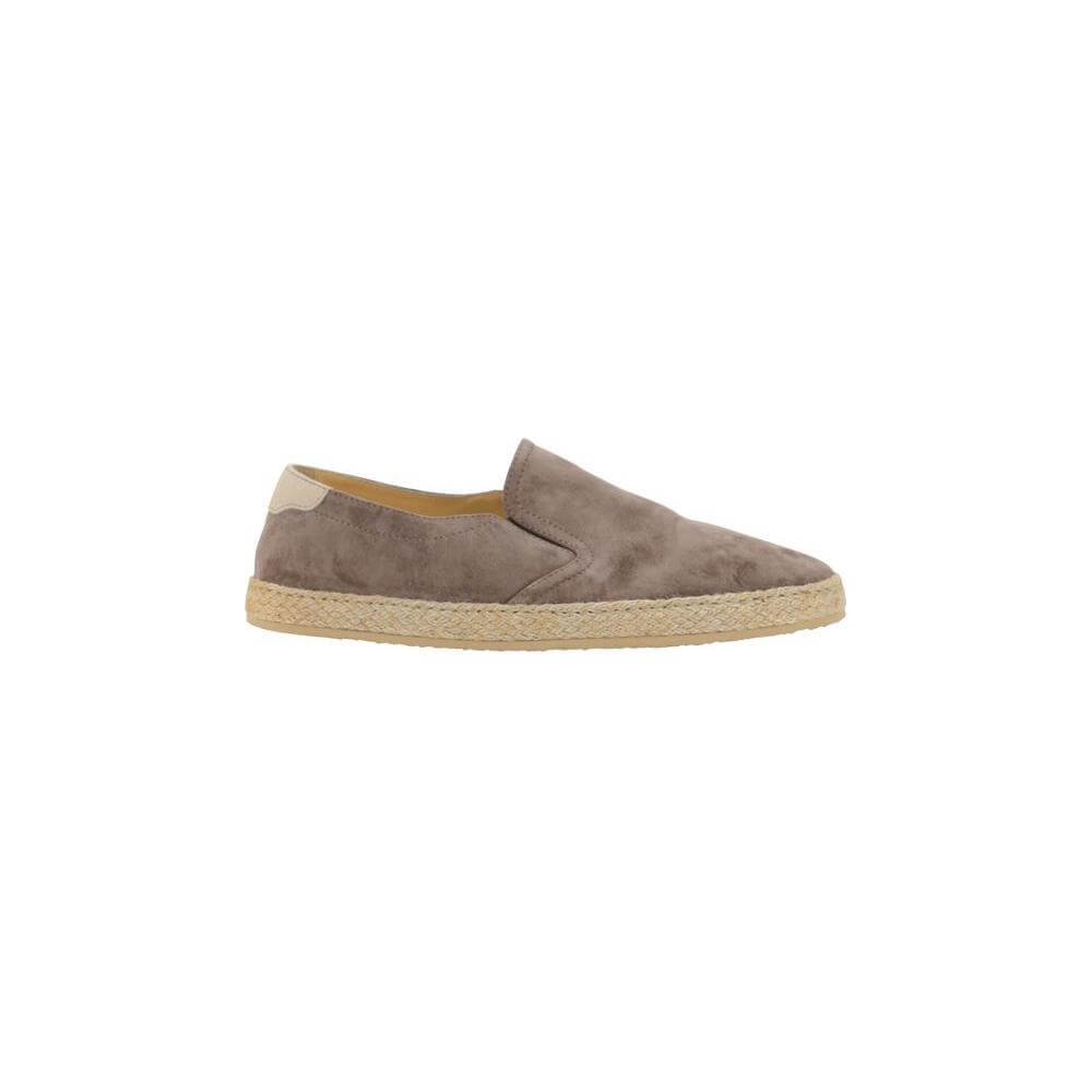 Brunello Cucinelli suede leather espadrilles with rope sole, contrasting heel label, and elongated toe in slip-on style.