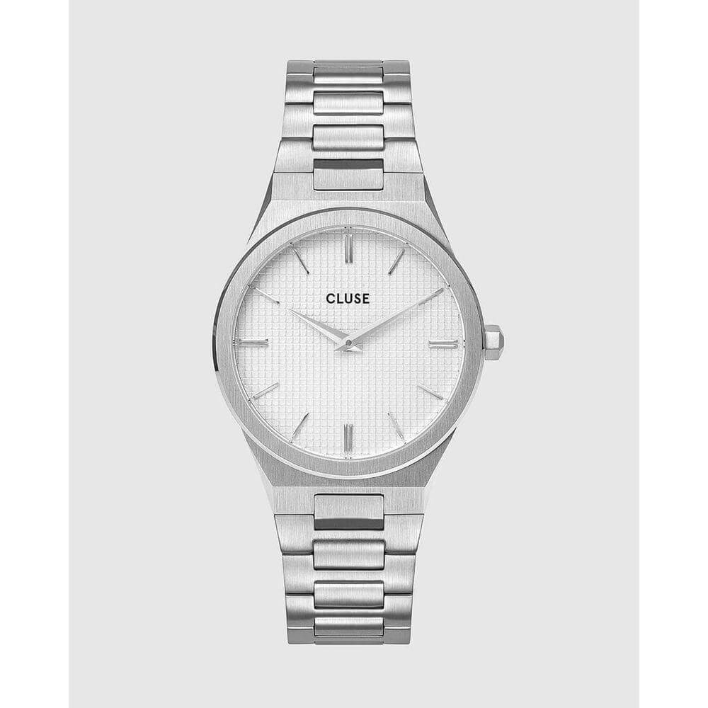 Cluse silver stainless steel quartz watch with analog display, white dial, mineral glass, and 33mm diameter. Water resistance 3 ATM.