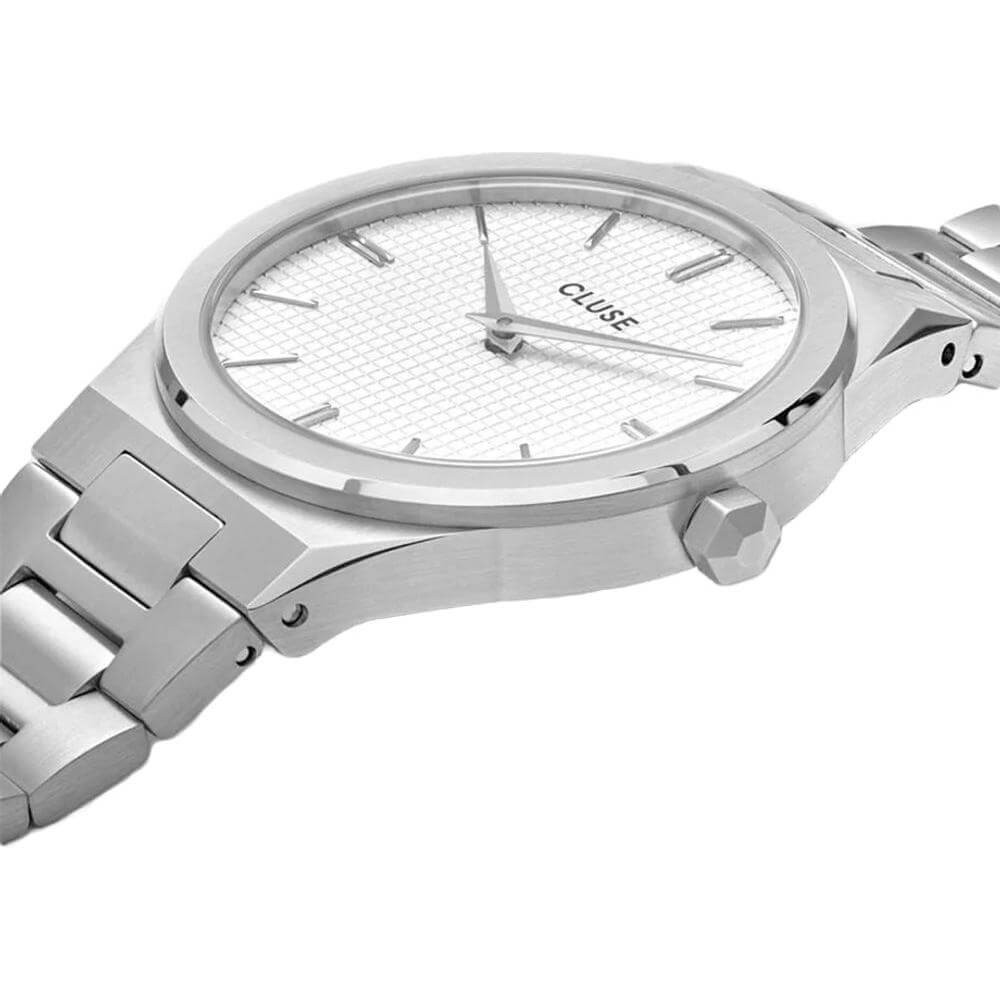 Cluse silver stainless steel quartz watch with white analog dial and mineral glass, featuring a 33mm case and pressure closure.