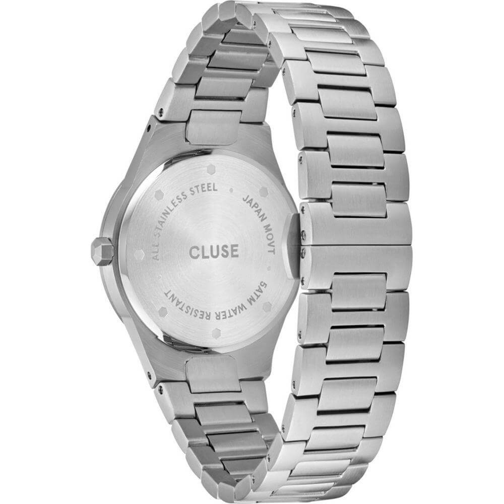 Cluse silver stainless steel watch back view with pressure closure and quartz mechanism, featuring sleek design for elegant style.