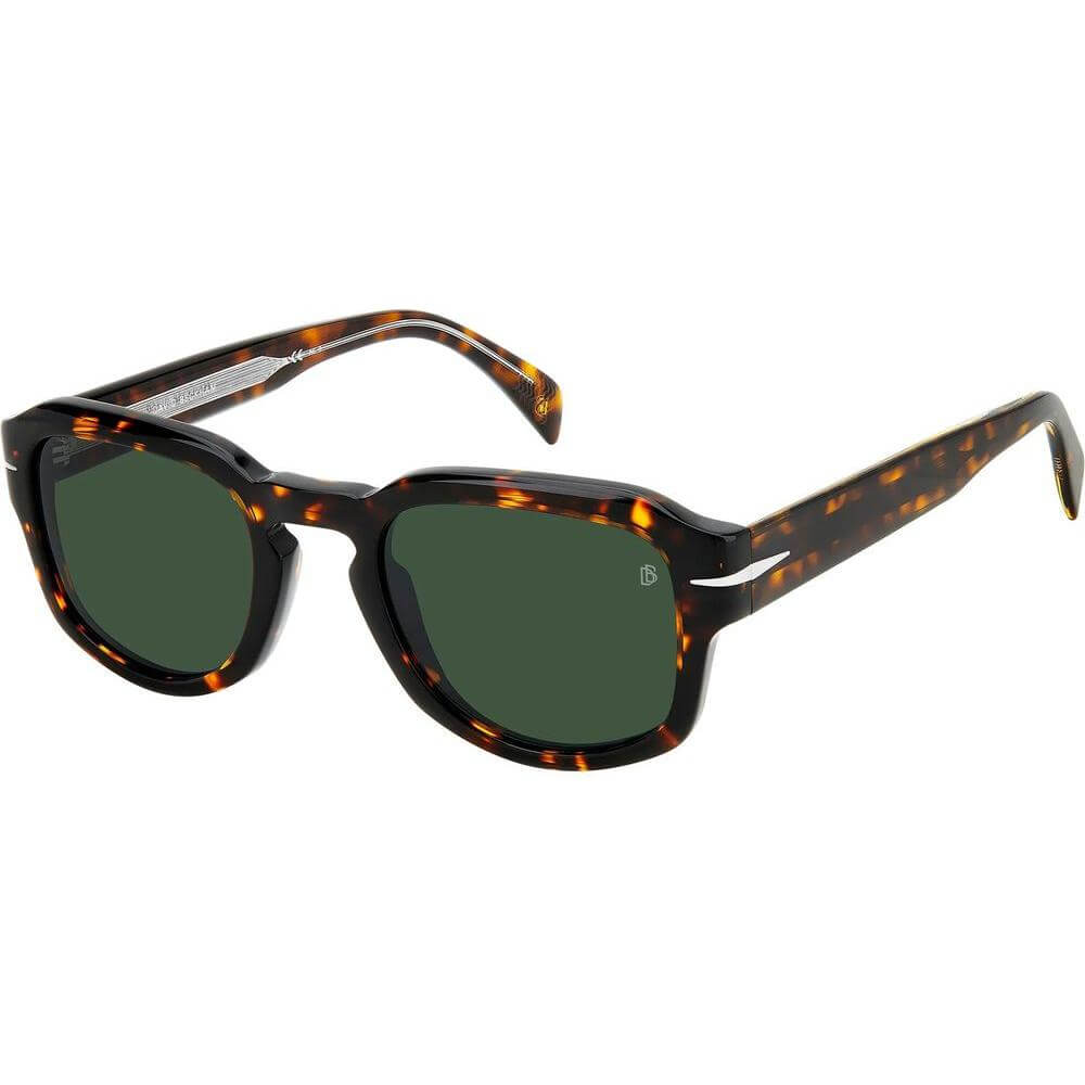 David Beckham brown acetate sunglasses DB-7098-S-86 with green lenses, featuring durable design and stylish tortoiseshell finish.