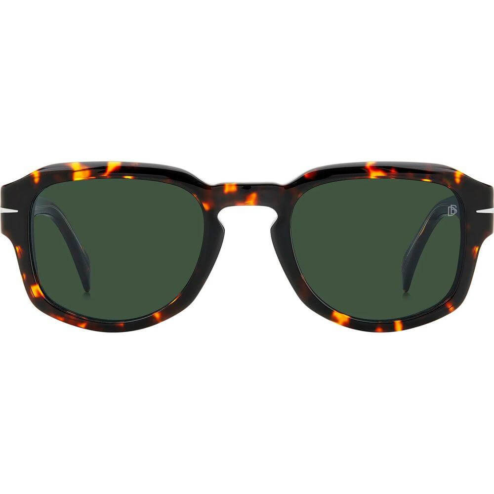 David Beckham brown acetate sunglasses with green lenses, model DB-7098-S-86, featuring a classic design and category 3 UV protection.