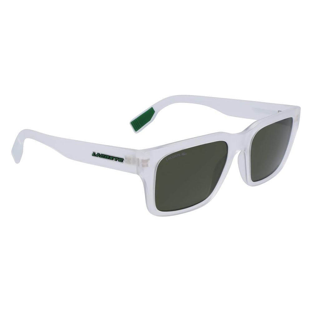 Lacoste transparent injected sunglasses L6004S-970 with green lenses, featuring a sleek design. Suitable for men, measures 55/19/145 mm.