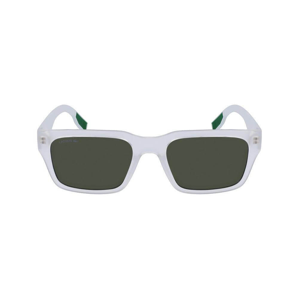 Lacoste Transparent Injected Sunglasses with green lenses, model L6004S-970, measures 55/19/145mm, Category 3 protection for men.