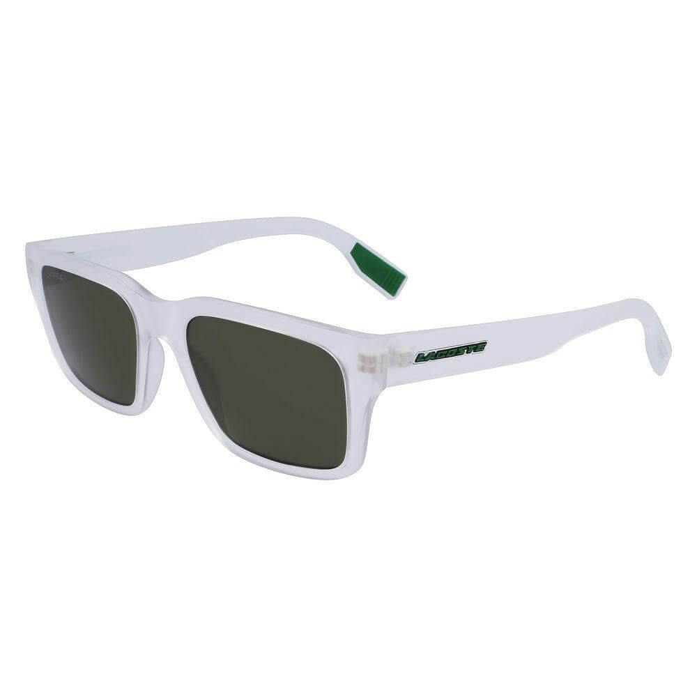Lacoste transparent injected sunglasses L6004S-970 with green lenses, white frame. Size: Lens 55mm, Bridge 19mm, Temple 145mm.
