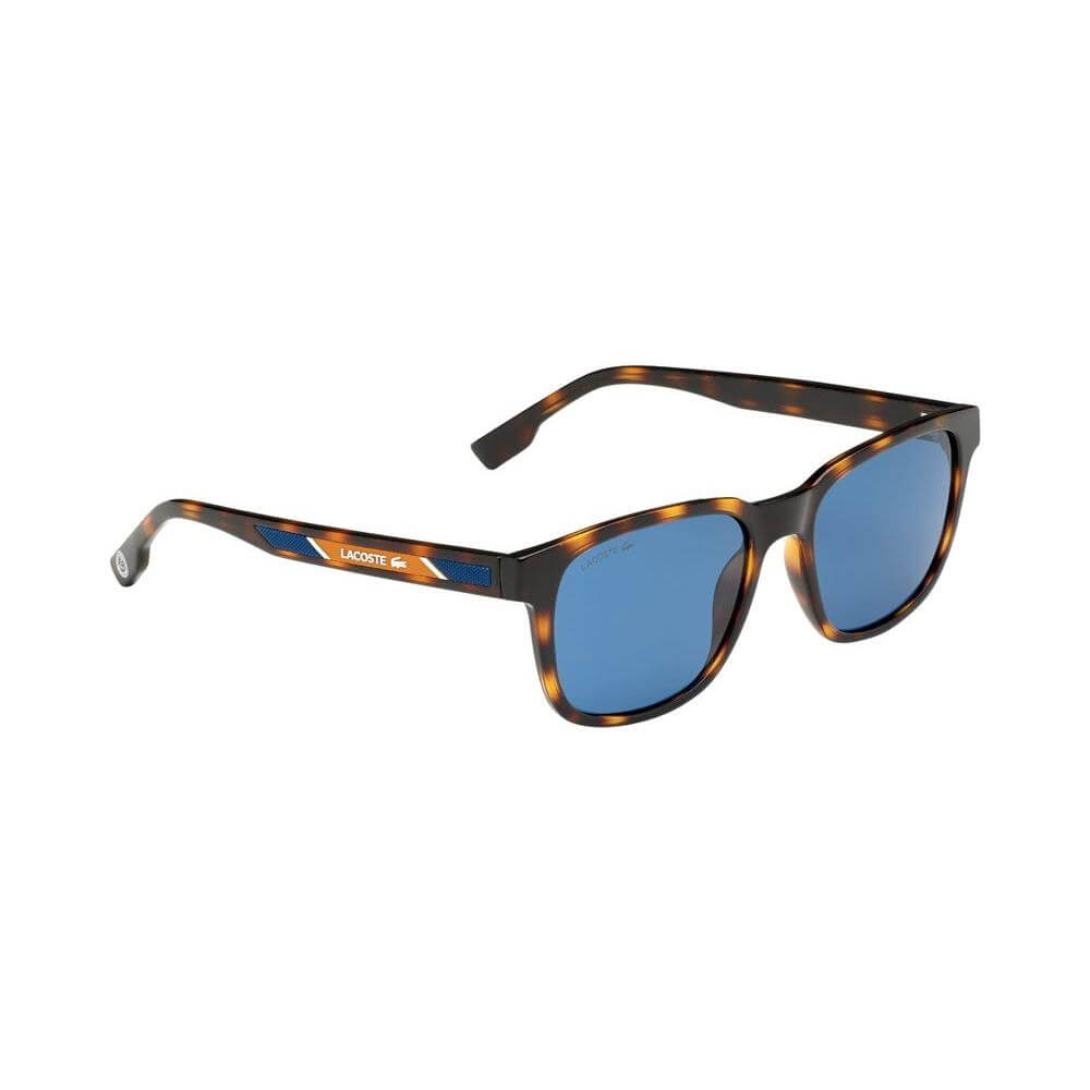 Lacoste brown injected sunglasses with blue lenses, model L980SRG-242, featuring a 54/18/145 mm frame size and tortoiseshell pattern.