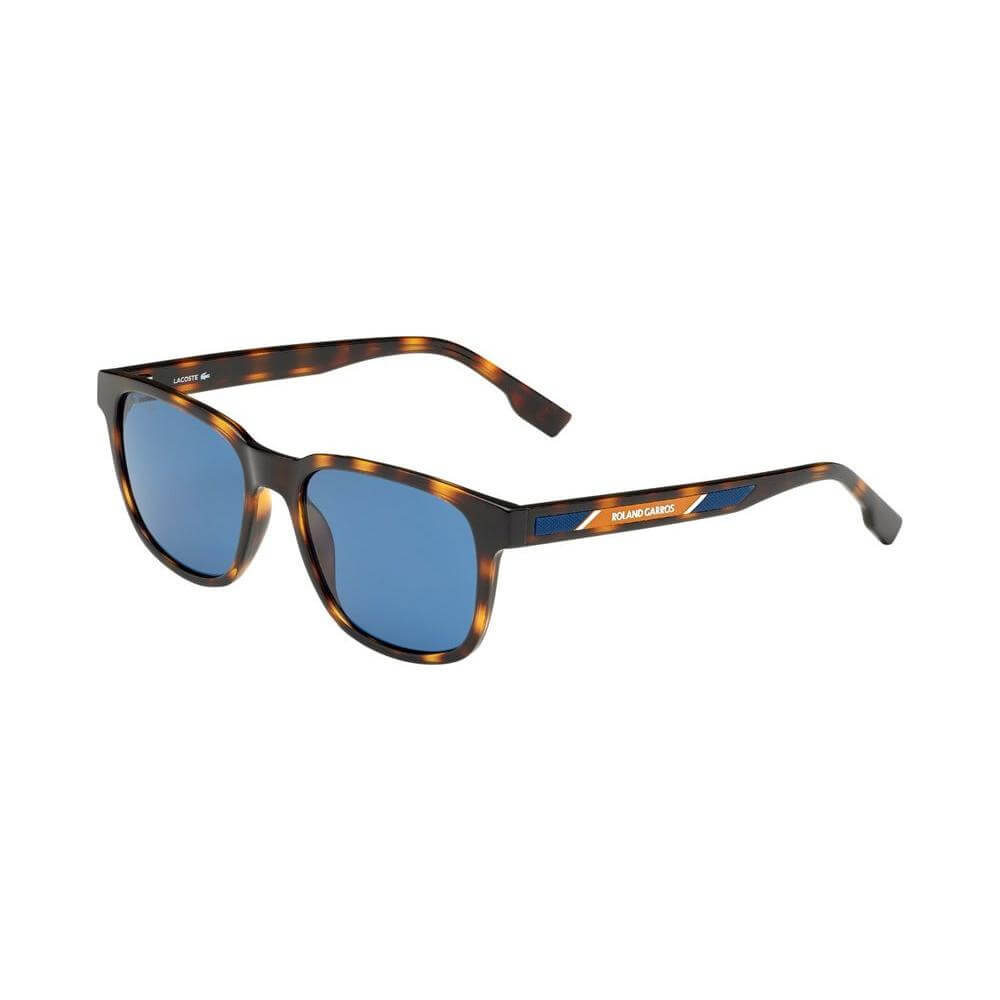 Tortoise shell pattern sunglasses with blue lenses and Lacoste branding, model L980SRG-242, featuring brown injected material.