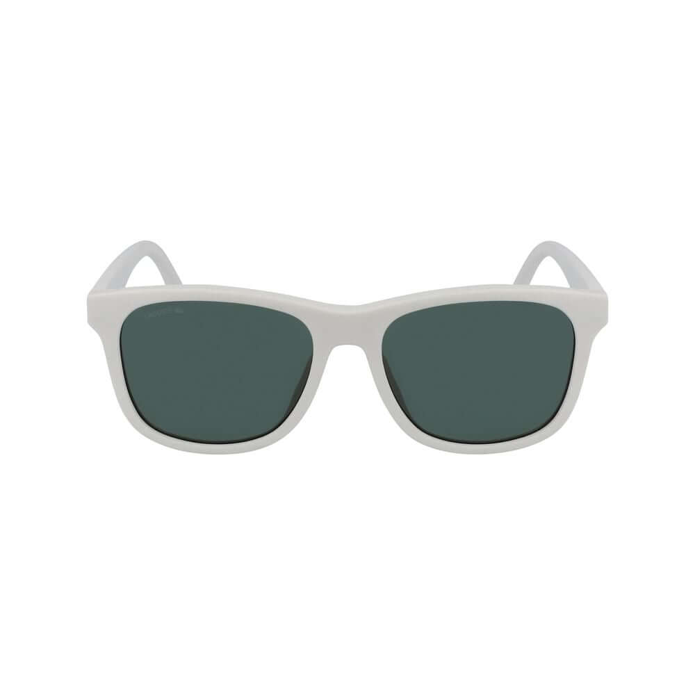 Lacoste white injected unisex sunglasses L3638SE with green lenses, model dimensions 51/16/135 mm, offering UV protection.