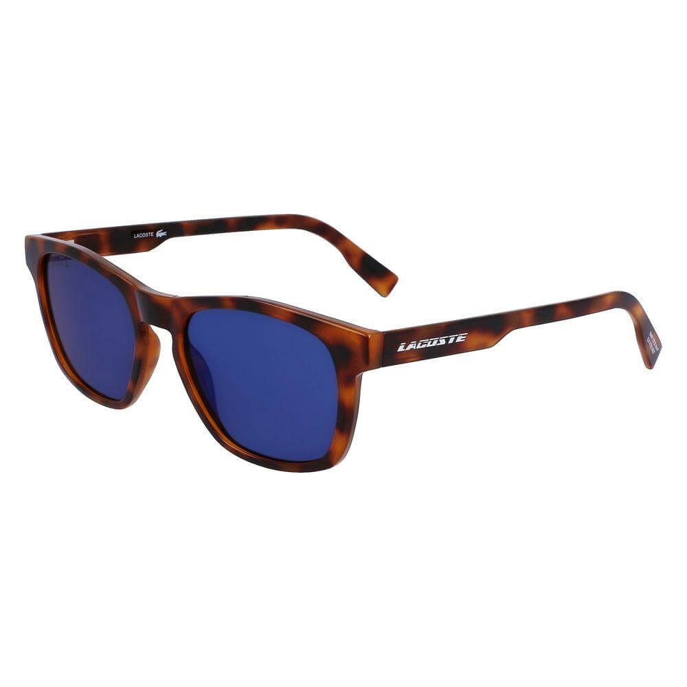 Lacoste brown bio injected sunglasses with blue lenses, model L988S-240, featuring measures 54/18/145 mm, category 3 for men.