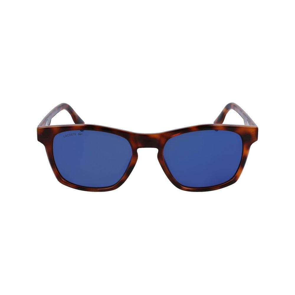 Lacoste Brown Bio Injected Sunglasses with blue lenses, model L988S-240, measures 54/18/145 mm, eco-friendly material, category 3.