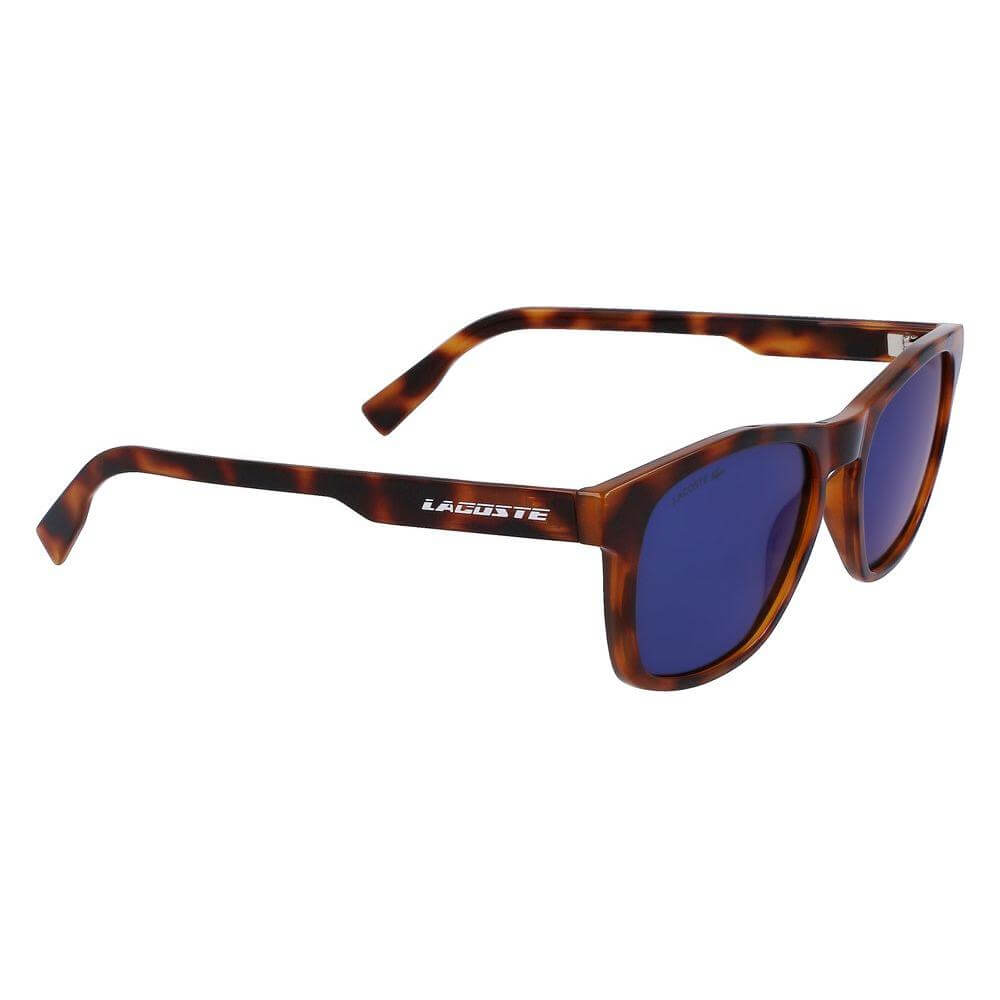 Lacoste Brown Bio Injected Sunglasses L988S-240 with blue lenses, featuring eco-friendly material; measures 54/18/145 mm.