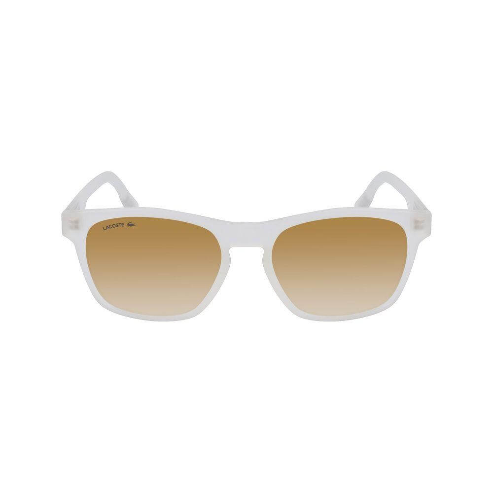 Lacoste transparent bio injected sunglasses with brown gradient lenses, size 54/18/145mm, model L988S-970, eco-friendly material.