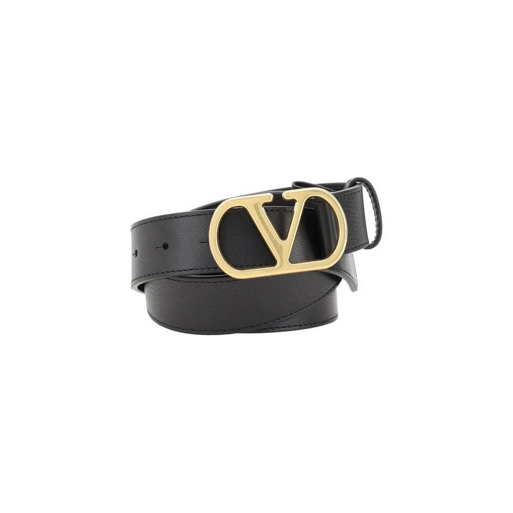 Valentino Garavani black leather belt with gold VLogo buckle, combining elegance and distinctive design for a stylish accessory.