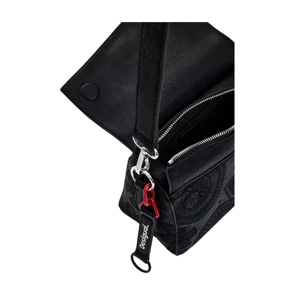 Desigual black polyethylene handbag with inner zipper, part of the spring/summer collection, featuring intricate embroidery design.