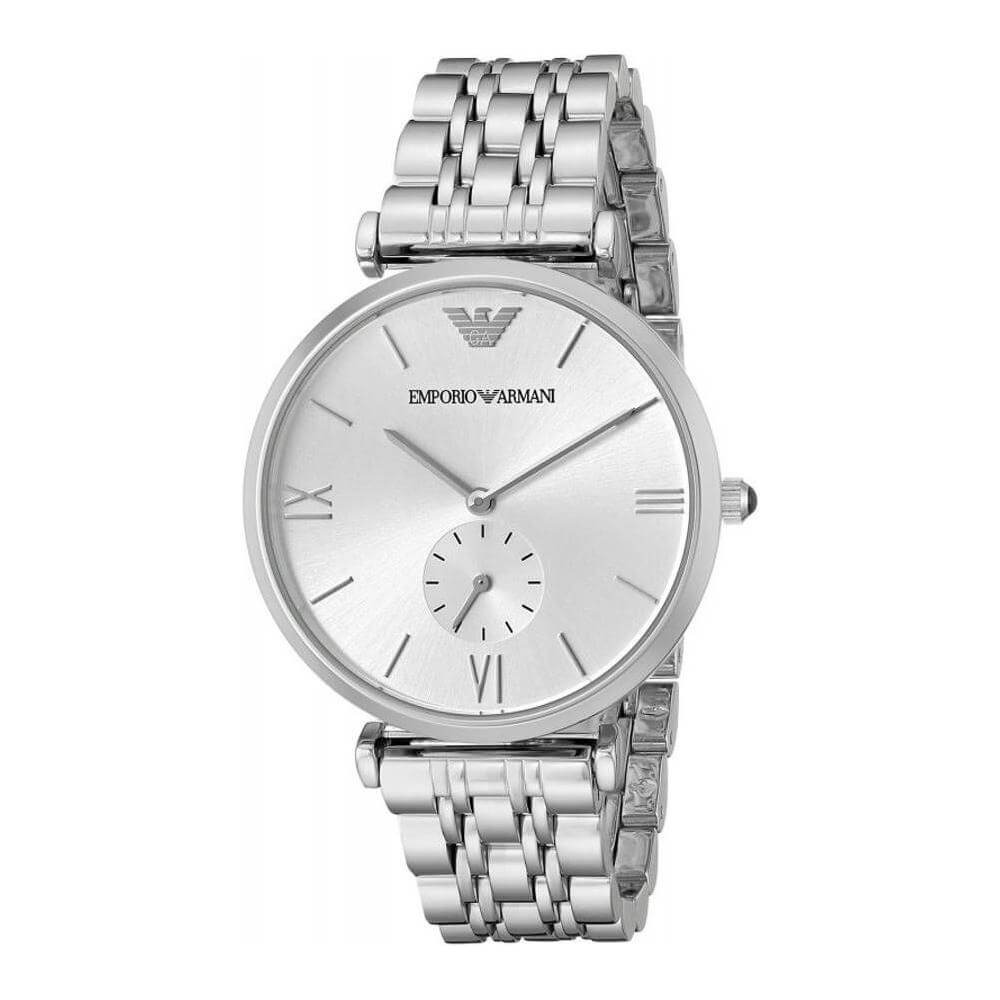 Armani Silver Steel Watch with Quartz Mechanism, 40mm Silver Dial, Analog Display, Stainless Steel Case, and Mineral Glass