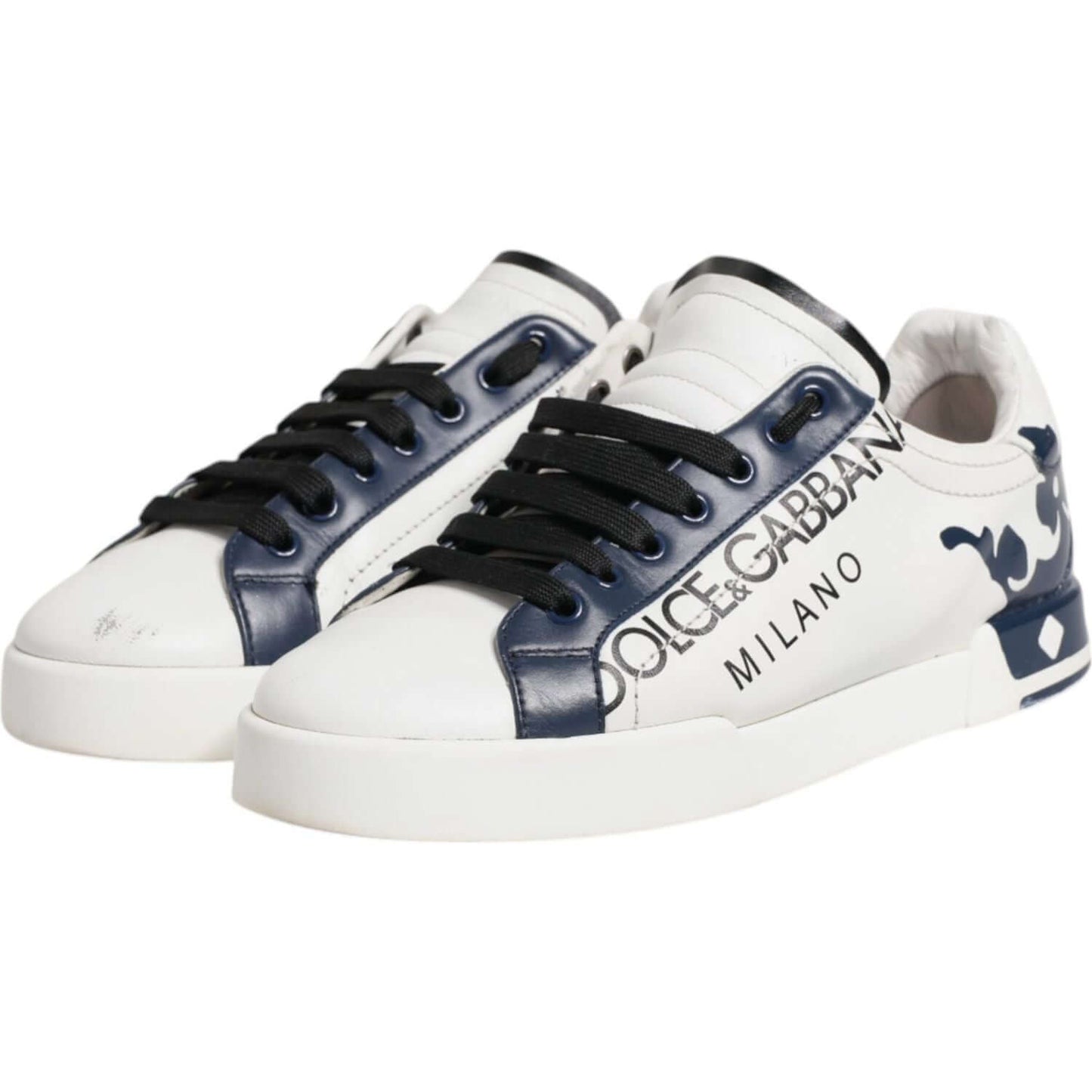 Dolce & Gabbana white blue leather low-top sneakers with crown details and lace-up closure, pre-owned with authentic wear marks.