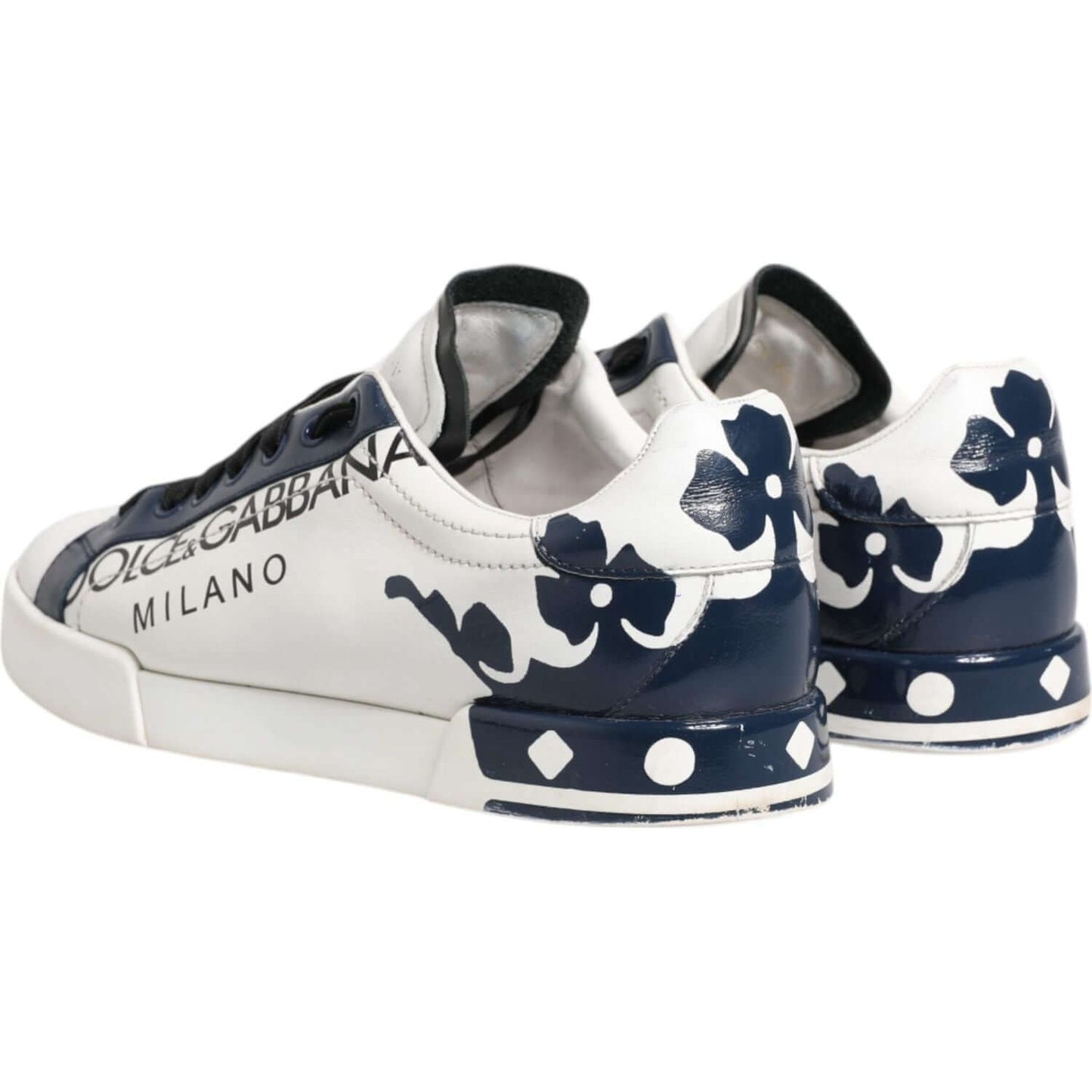Dolce & Gabbana white blue leather crown Milano sneakers with rubber sole and lace-up closure, showcasing logo and floral crown details.