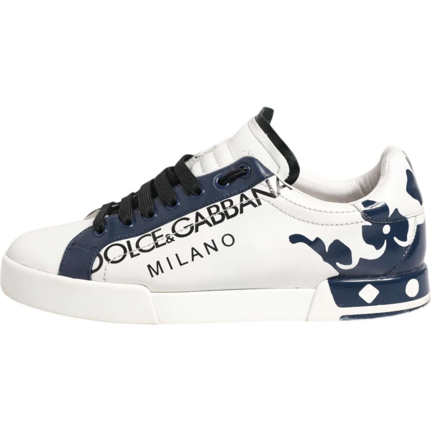 Dolce & Gabbana White Blue Leather Crown Milano Sneakers with logo and crown details, pre-owned luxury low-top shoes.