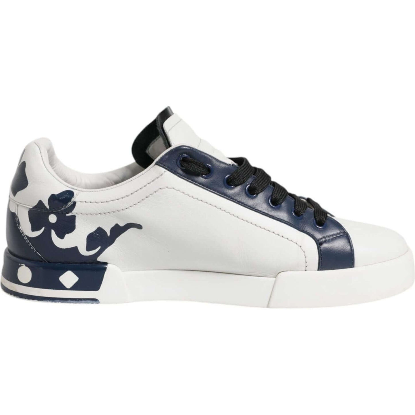 Dolce & Gabbana white blue leather sneakers with crown details, low-top design and rubber sole, luxury pre-owned footwear.