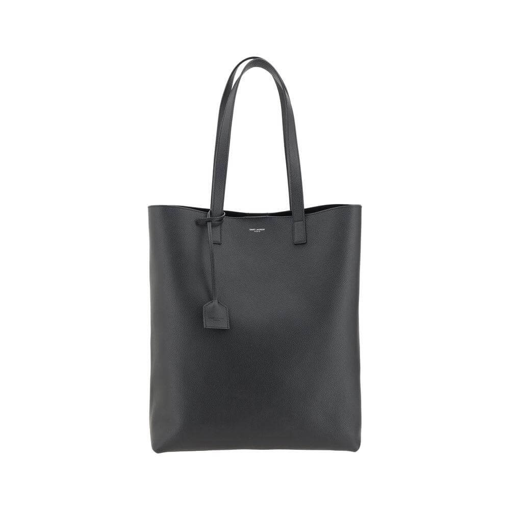 Saint Laurent hammered leather tote bag with top handles and monogram, showcasing sleek and elegant design.