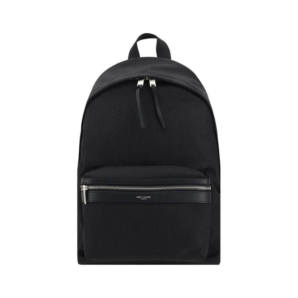 Saint Laurent City Backpack with leather details, top handle, adjustable straps, and front zipped pocket featuring iconic monogram.