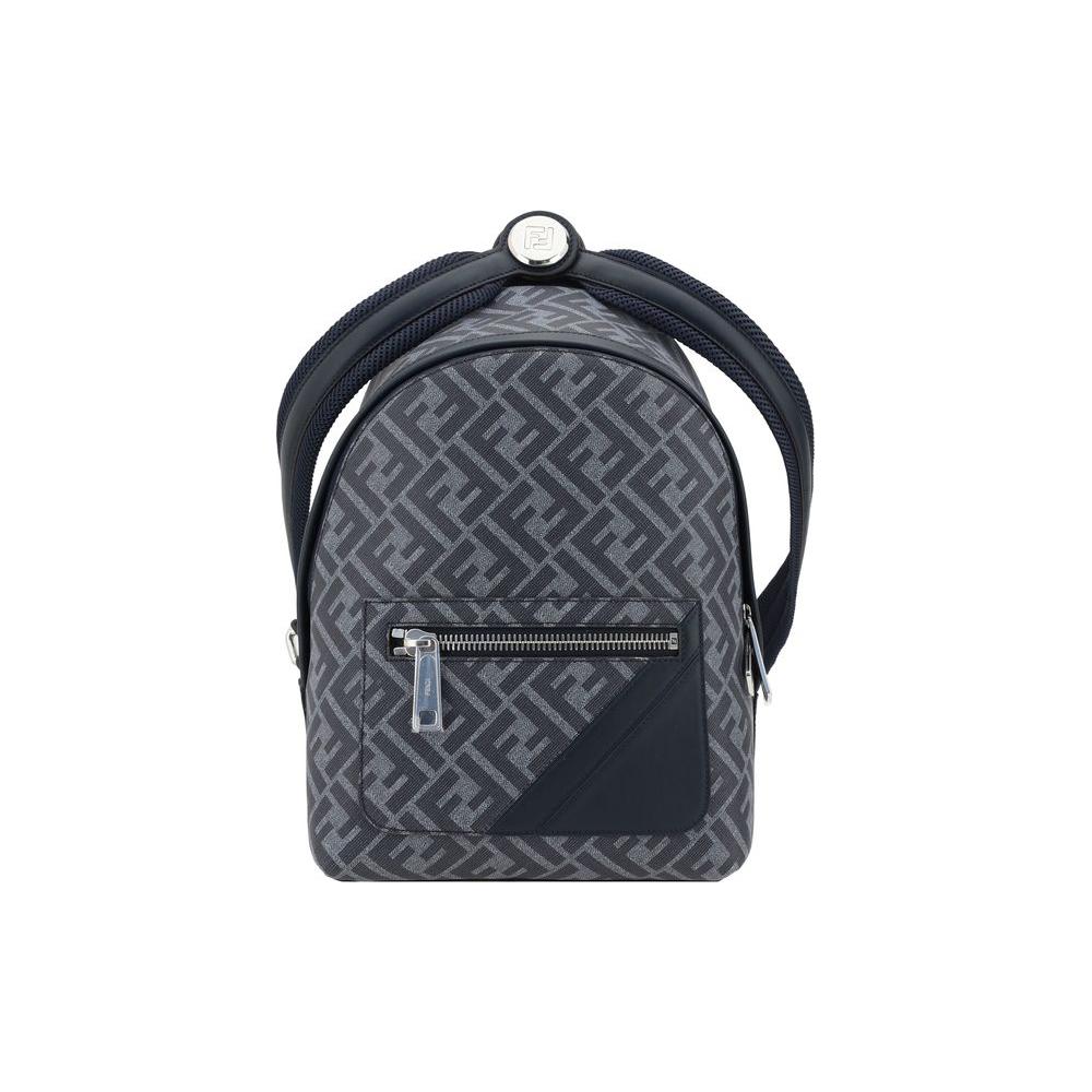 Fendi FF Pattern Backpack with adjustable straps, front zip pocket and iconic FF logo print for luxury and functionality.
