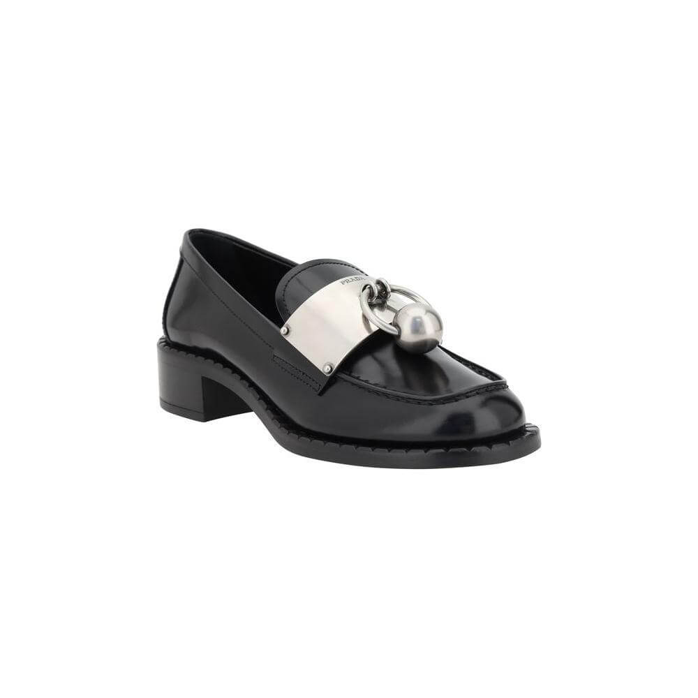 Prada Leather Women Loafers with block heel and logo-embossed plaque, featuring a sleek design for modern sophistication.