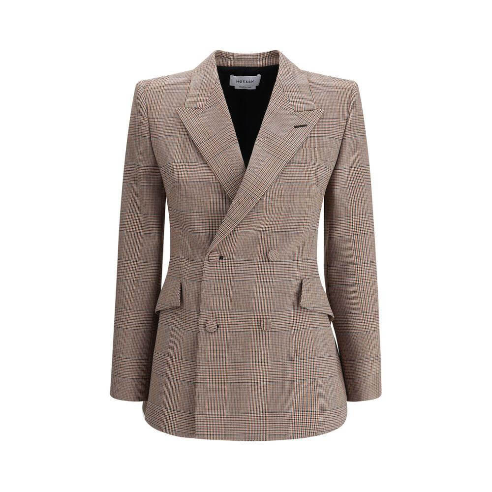 Alexander McQueen Wool Blazer with peaked lapel, double-breasted closure, check pattern, and welt flap pockets.