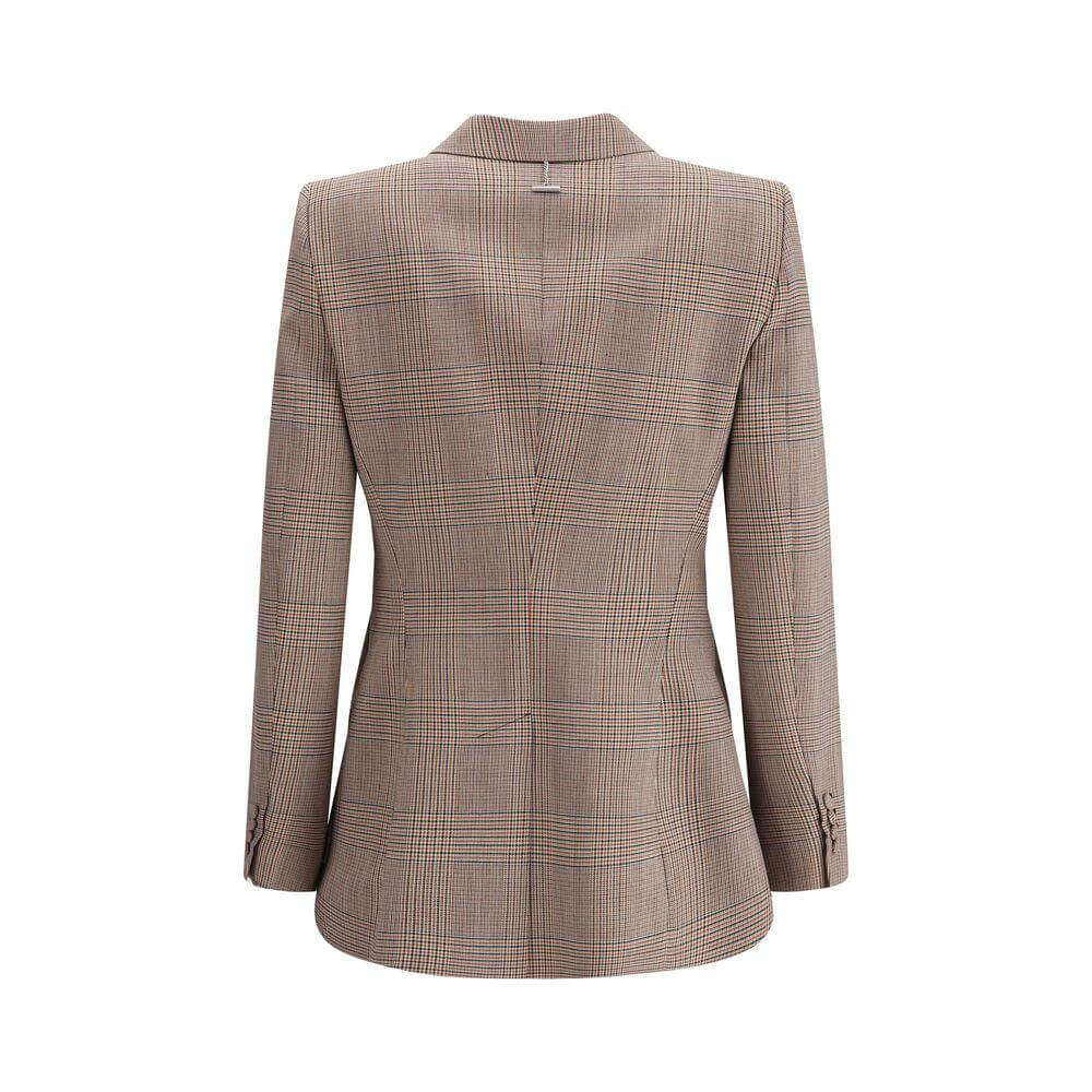 Back view of Alexander McQueen wool blazer with check pattern, peaked lapel, and double-breasted closure for a sophisticated look.