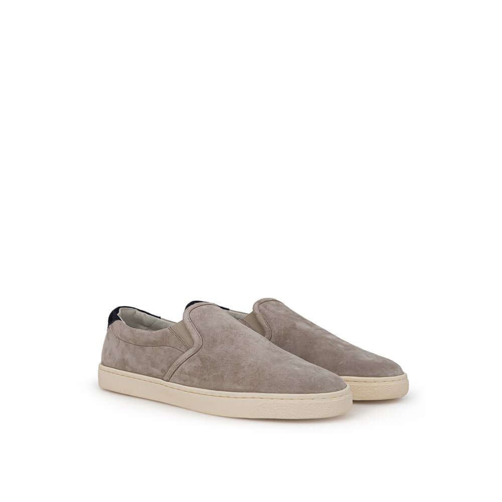 Brunello Cucinelli gray leather sneaker, tortora suede slip-on, round toe, white rubber sole, black micro 'Solomei' print detail.