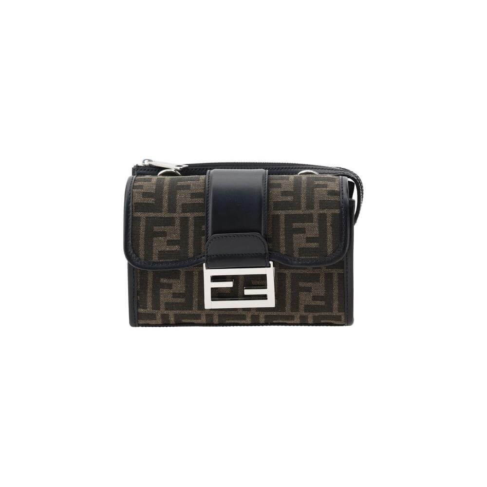 Fendi Double Baguette Shoulder Bag with FF logo, featuring magnetic flap and adjustable strap, in brown and black design.