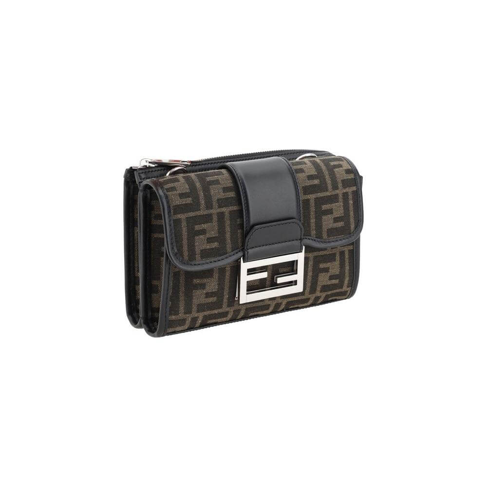 Fendi Double Baguette Shoulder Bag with FF logo, removable strap, magnetic flap closure, and zippered pocket, elegant design.